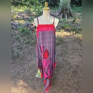 Kantha Bae Handmade Bohemian Festival Hippie Pink and Gray Floral Maxi Dress